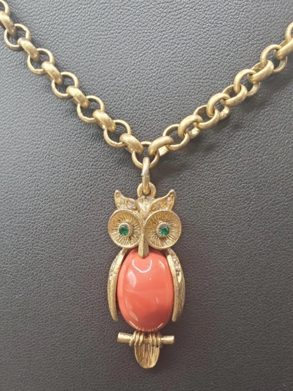 Stella & Dot Gold-Tone Owl Necklace with Coral Center and Green Eye Accents